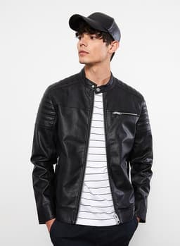 Slim Fit Stand Collar Men's Leather Look Coat 3