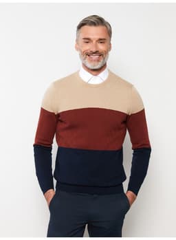 Crew Neck Long Sleeve Men's Tricot Sweater with Color Block 1