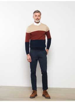 Crew Neck Long Sleeve Men's Tricot Sweater with Color Block 5