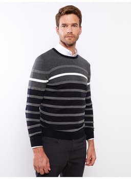 Crew Neck Long Sleeve Striped Men's Tricot Sweater 3