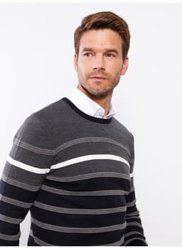 Crew Neck Long Sleeve Striped Men's Tricot Sweater 4